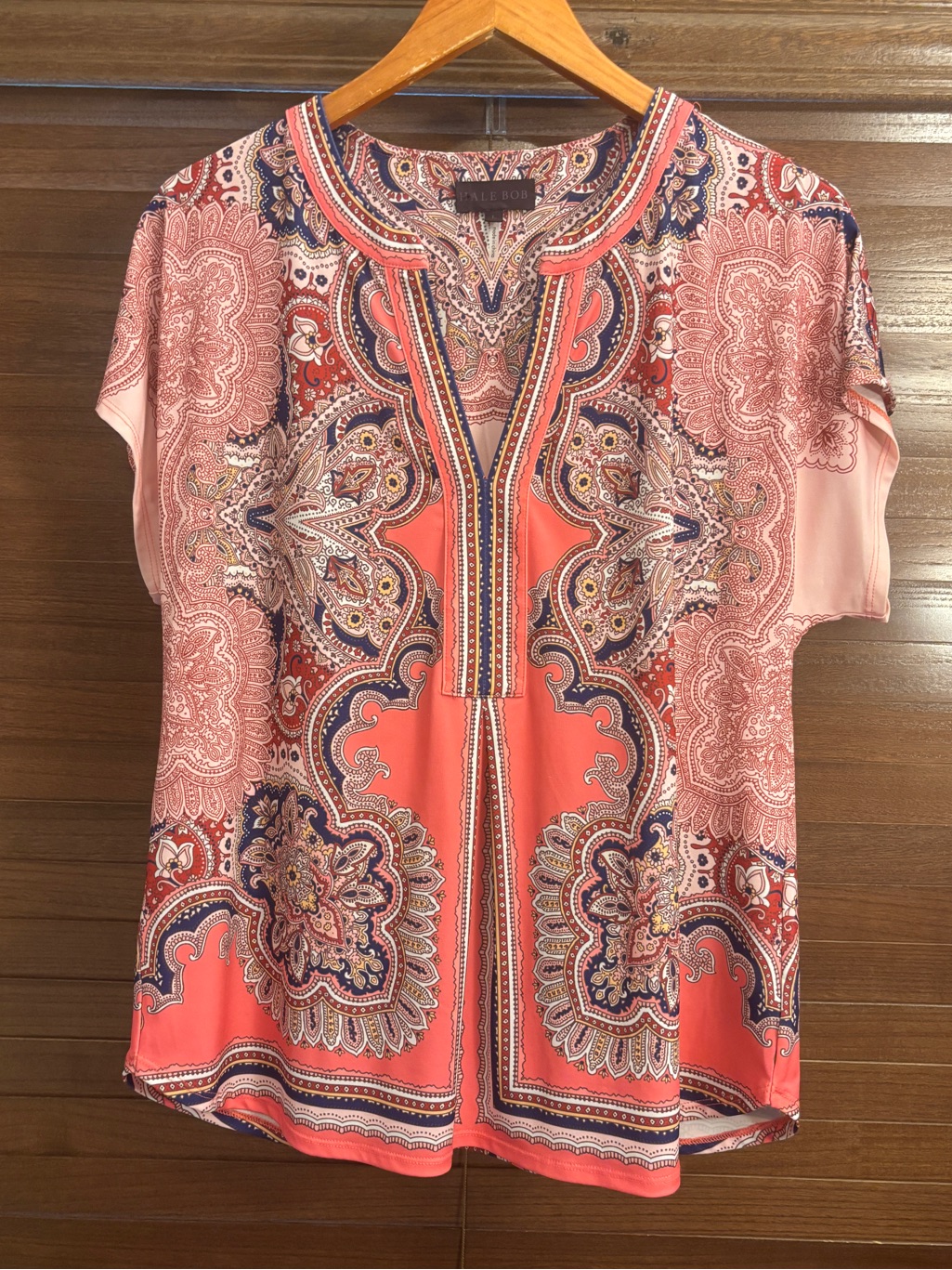Hale Bob Coral Pink Paisley Print Short Sleeve Top Blouse Size Large